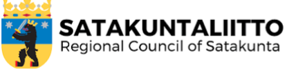 Satakuntaliiton logo, sekä Satakuntaliiton nimi suomeksi ja englanniksi.